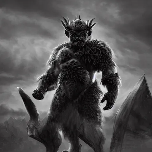 Prompt: ultra realist 3d soft paint of Yves the small muscled dwarf fully armored during an epic scene, symmetry accurate features, very intricate details, ominous sky, black and white, volumetric light clouds, unreal artstation
