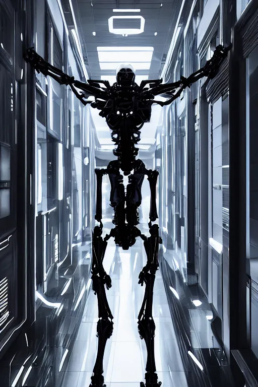 Image similar to skeletal black mecha walking down white marble hallway, Skeletal face android face one eye. mecha (carbon fiber) long limbs black panels reflective. Skeletal face android face one eye ((glowing_red_eye)) exposed wiring cable wire harness RTX On UE5 Artstation Bladerunner_2049_scene!!!!!! Cyberpunk 2077 bladerunner2049!!! bladerunner!!!