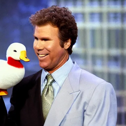 Prompt: will ferrell holding a white duck