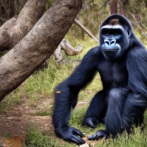 Image similar to National Geographic photo of half gorilla half human in the Australian bush