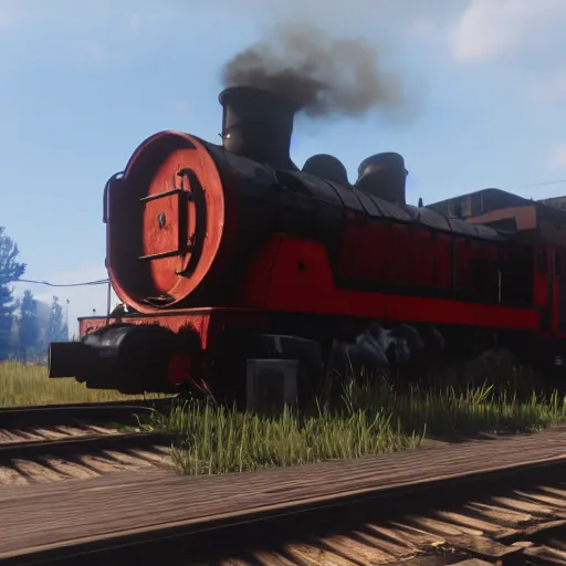 Image similar to A train in red dead redemption 2, screenshot, high quality image, widescreen, in-game engine, 8k, octane render