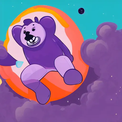 Image similar to cartoon illustration of a bear mascot being launched from a futuristic marble planet, purple and orange cloudland