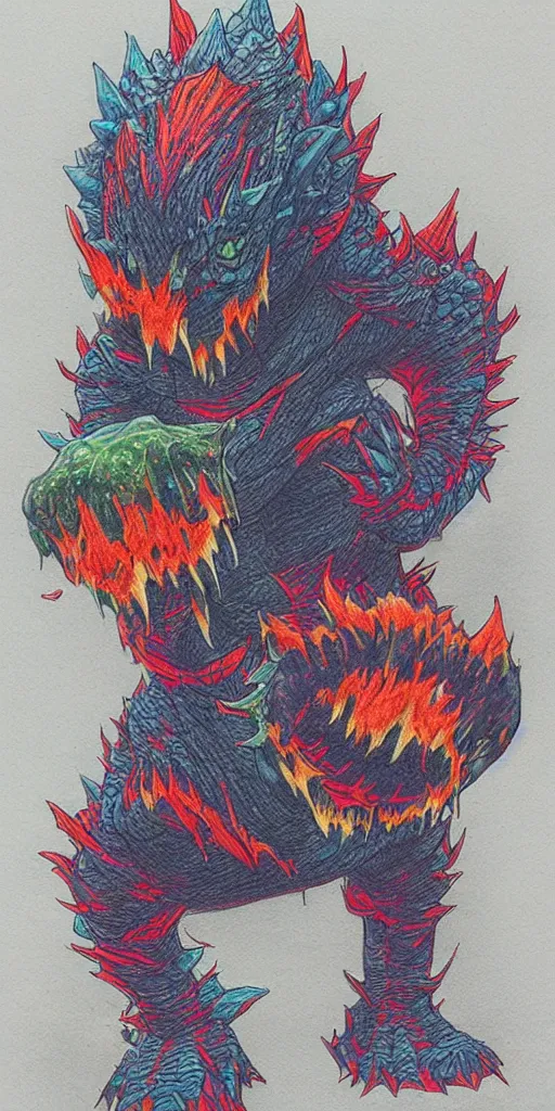 Prompt: a kaiju figurine super detailed colored pencil drawing with fluo colors