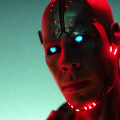 Image similar to movie still of cyborg with glowing third eye, cinematic composition, cinematic light, criterion collection, by the coen brothers