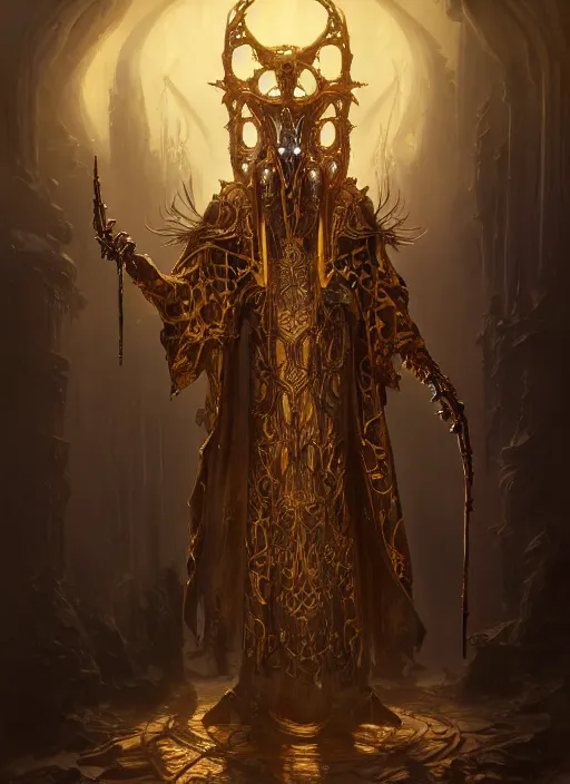 Prompt: slender high priest with dark and gold biomechanical robe, subsurface scattering, by jesper ejsing, justin gerard, tomasz alen kopera, cgsociety and fenghua zhong, highly detailed, rim light, cinematic lighting, illustration, art, octane render, very coherent, cinematic, hyper realism, high detail, octane render, 8 k