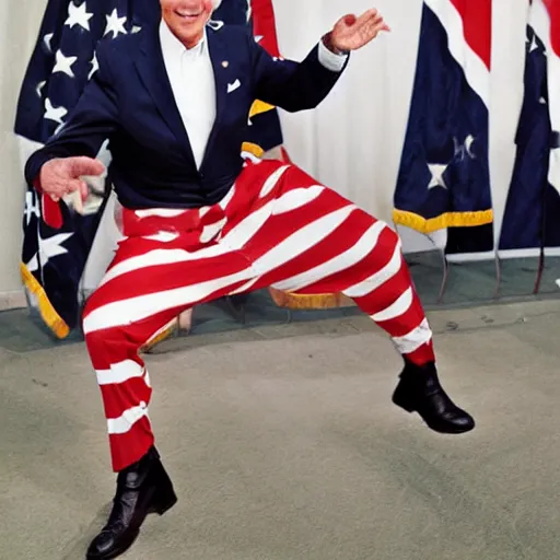 Prompt: joe biden, photograph, dancing, bzrger costume