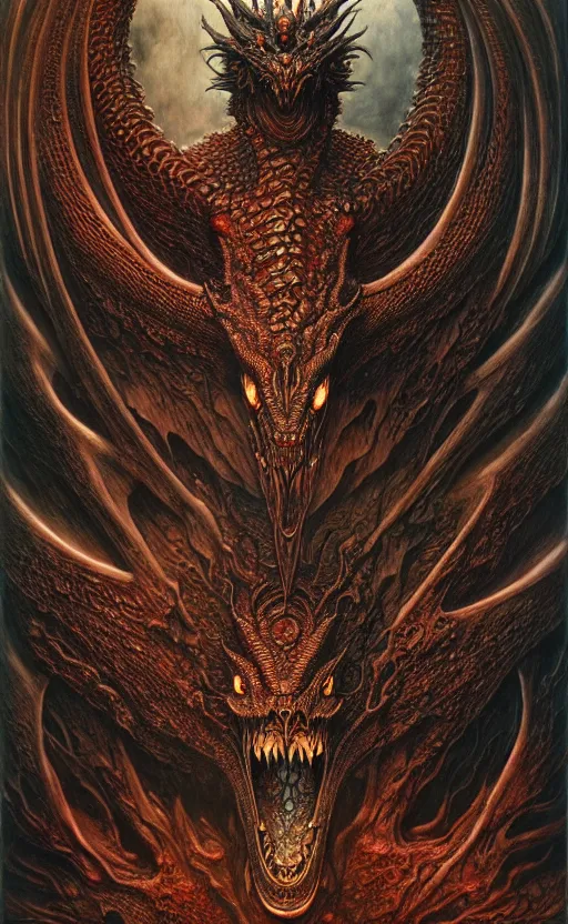 Image similar to a chthonic dragon art by Ayami Kojima, Beksinski, Giger, intricate colourfully painted carved wood paneling, dark souls, ivory and copper , artstation