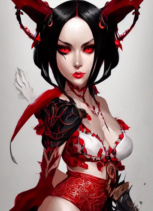 Prompt: a highly detailed illustration of beautiful long hime cut black hair woman wearing a red battle dress, red eyes, dramatic smile pose, intricate, elegant, highly detailed, centered, digital painting, artstation, concept art, smooth, sharp focus, league of legends concept art, WLOP