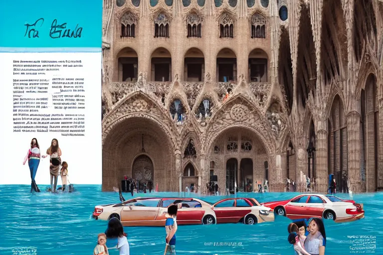 Image similar to touristic magazine ads of a family visiting a catastrophic barcelona, buildings covered with high water, floating cars, catchy graphic design, photo real