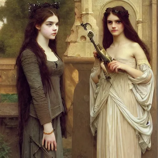 Prompt: detailed portrait painting of a princess who resembles Anya Taylor Joy, Chloe Grace Moretz, and Emma Watson in a steampunk cathedral by Michael Whelan, William Adolphe Bouguereau, John Williams Waterhouse,