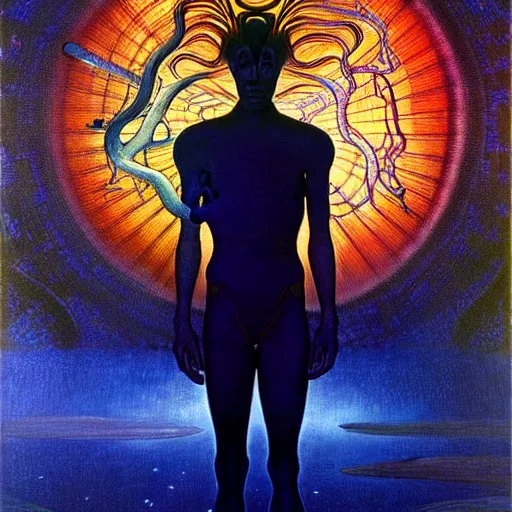 Image similar to realistic extremely detailed portrait painting of a glowing male silhouette, futuristic sci-fi landscape on background by Jean Delville, Amano, Yves Tanguy, Alphonse Mucha, Ernst Haeckel, Edward Robert Hughes, Roger Dean, rich moody colours, blue eyes