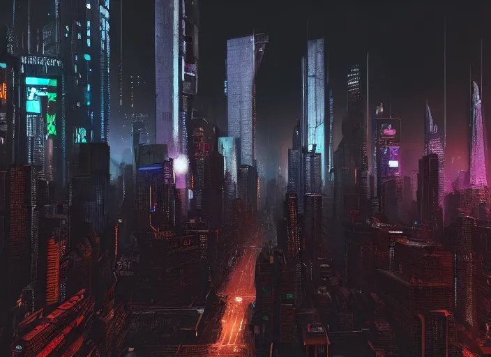 Image similar to cyberpunk scifi scene of new york skyline at night, artstation, matt painting, very detailed, maximalism, ambient occlusion, volumetric light, atmospheric haze, unreal engine, hyper realism, realistic shading, cinematic composition, realistic render, octane render, detailed textures, photorealistic, wide shot