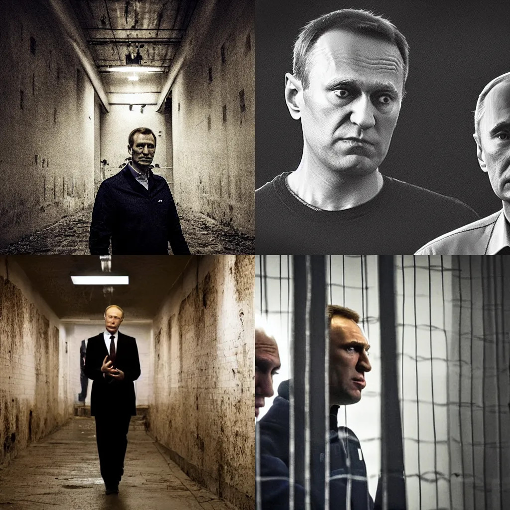 Prompt: alexei navalny with vladimir putin in the dark gloomy prison, dramatic lighting, highly detailed