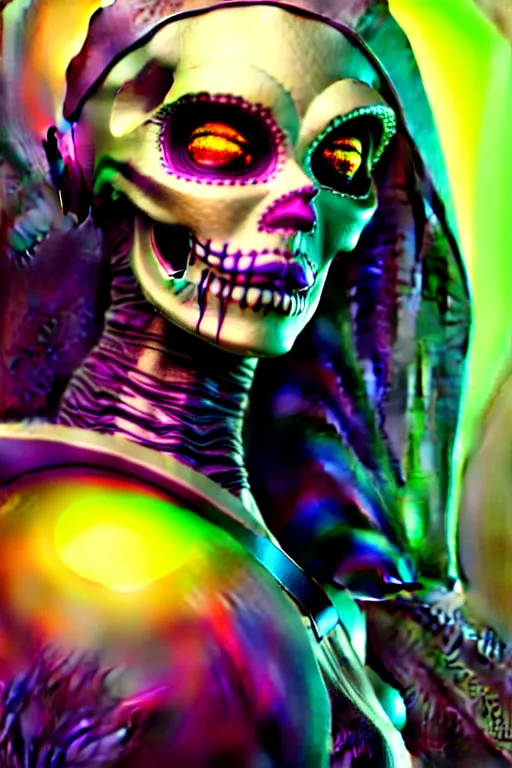 Prompt: ultra detailed, ethereal closeup photo of female android, flowerpunk, studio photo, floodlight, fantasy art, octane render, unreal engine, dia de los muertos, photorealistic concept art, triadic color scheme, art by artgerm and wlop and giger and greg rutkowski and alphonse mucha, 8 k