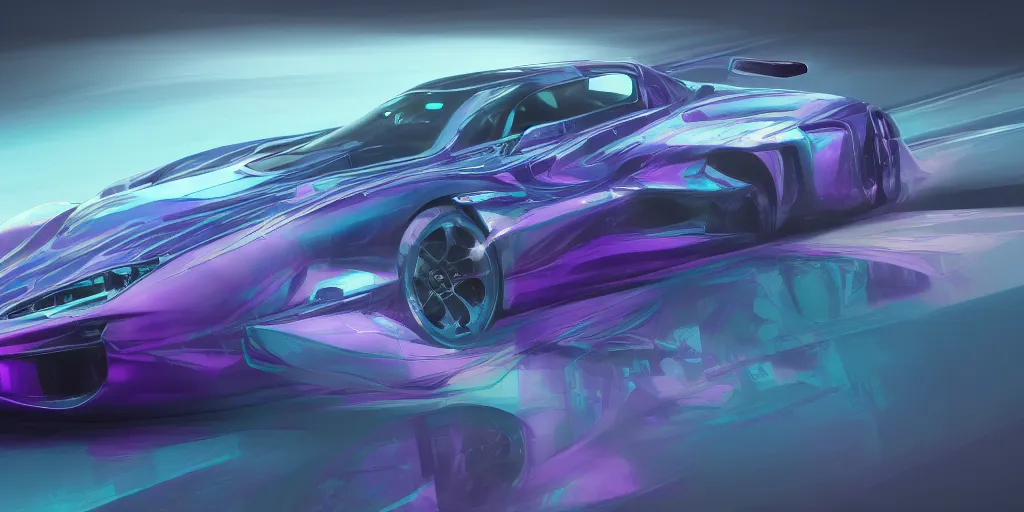 Image similar to full view of a car, painted in purple and teal holographic pearlescent, elegant, digital painting, concept art, smooth, sharp focus, art style from Wang Ke and Greg Rutkowski and Bruce Kaiser and Scott Robertson and Dmitry Mazurkevich and Doruk Erdem and Jon Sibal, small style cue from Blade Runner