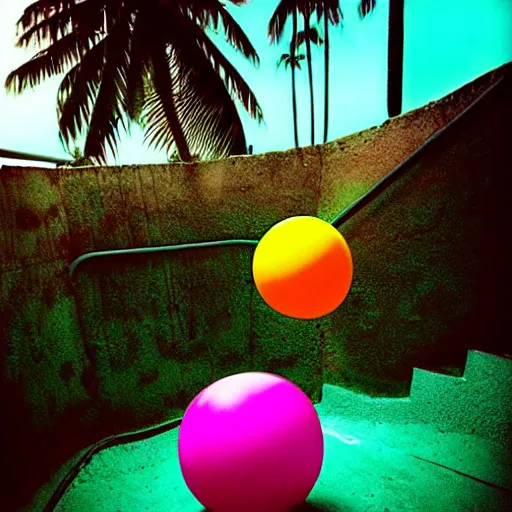 Prompt: noisy color photograph of an underground retrofuturist liminal space, staggered terraces, lonely palm tree next to a beach ball, deformations, minimalist, cinematic, soft vintage glow
