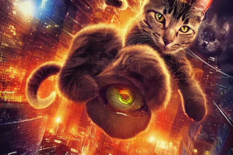 Image similar to cat attacking Tokyo, disaster movie poster, masterpiece, masterwork, cgstudio