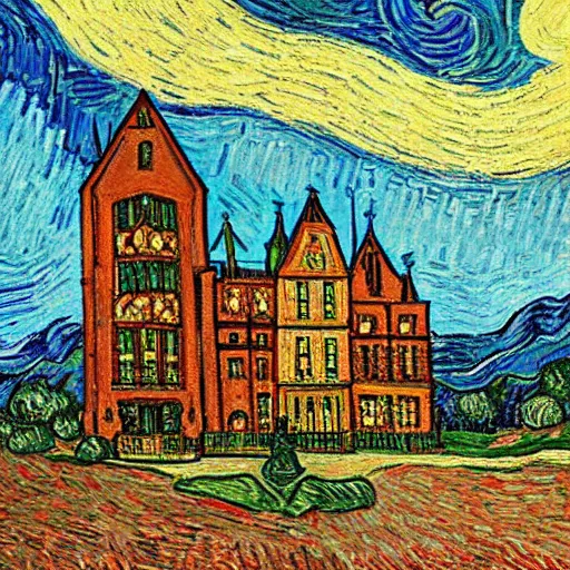 Prompt: A large Victorian castle in the style of Van Gogh