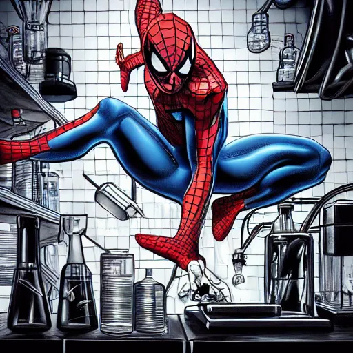 Image similar to medium shot artistic photo of spiderman working as a scientist experimenting in a dark lab, ultra detailed