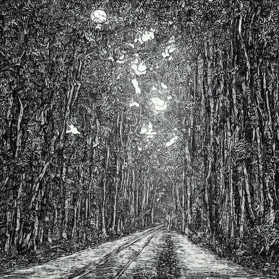 Image similar to highway to the sun as an etching, video game, cavern forests, monochrome