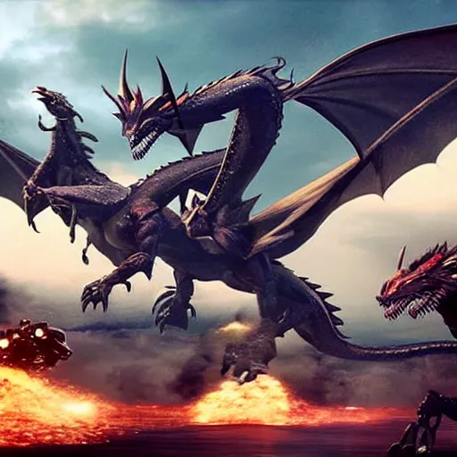 Image similar to dragons fighting with giant robots, cinematic, ultra realistic