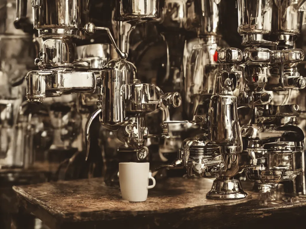 Image similar to wide angle by simon stalenhaag, photography of a historic coffee machine, by louis daquerre, product photography, small depth of field, fresh colors, 4k, highly detailed, trending on artstation