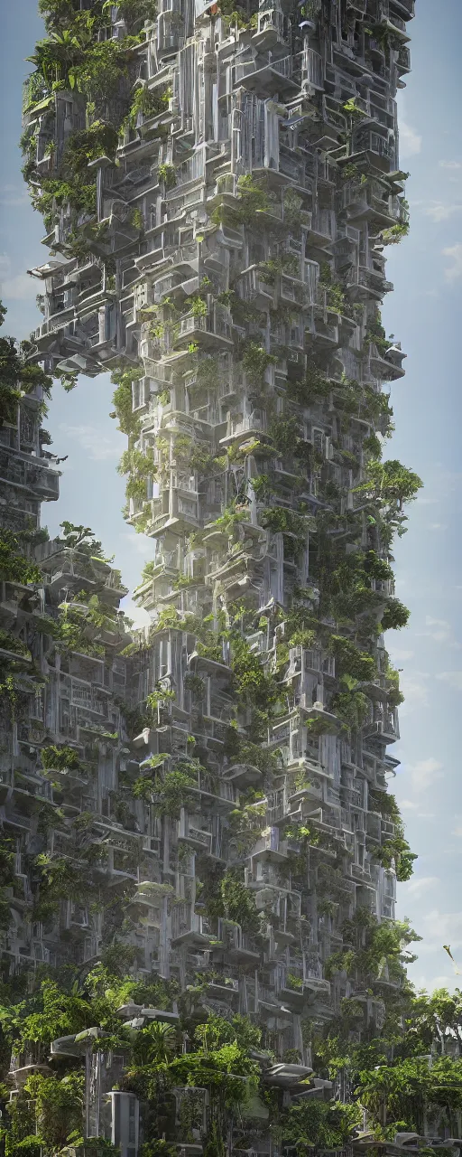 Prompt: solarpunk style, eye level view of a contemporary tower, golden intricate details, stone facade, sacred architecture, hanging gardens, cascading highrise, arid mountains with lush palm forest, photorealistic, sunlight, 8 k, post - production, octane, cgi, sfx