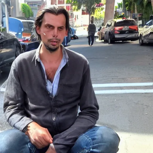 Image similar to thierry baudet begging in la, homeless, dirty clothes