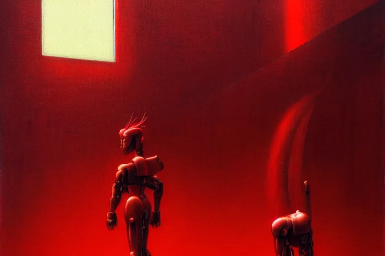 Image similar to only with red, a red cyborg samurai, tokio futuristic in background, some evil yokai, in the style of beksinski, parts by edward hopper, parts by rodcenko, parts by yue minjun, intricate and epic composition, red by caravaggio, insanely quality, highly detailed, masterpiece, red light, artstation, 4 k