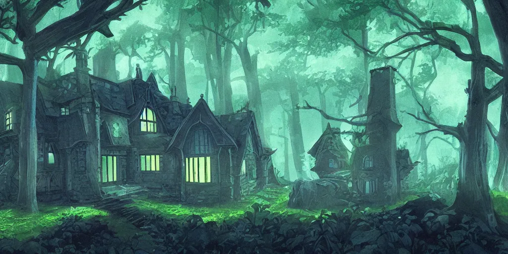 Image similar to manor in the middle of the forest, at night, medieval!!!!, green, dark blue!!!!, bright, artstation, detailled, manga!!!, fantasy!!!!!!
