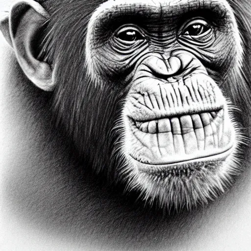 Prompt: a very detailed pencil drawing of a happy chimpanzee 4 k, high resolution, still, landscape, hd, dslr, hyper realistic, sketch