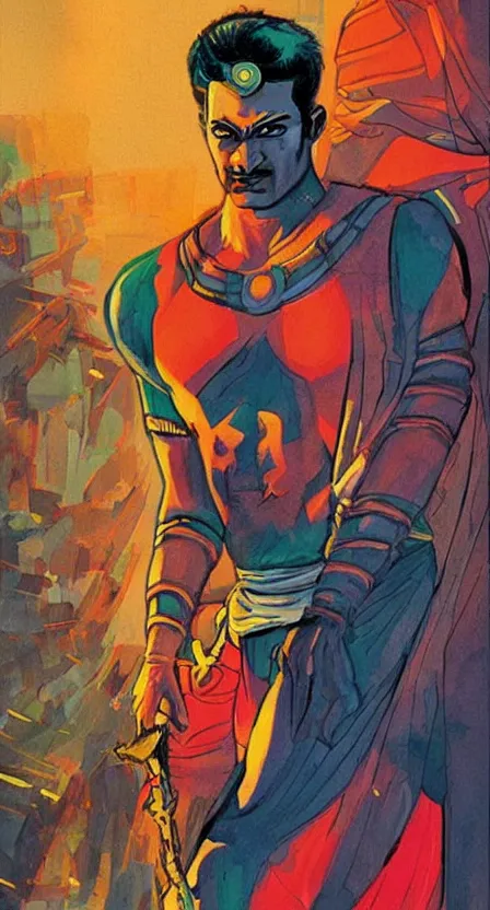 Image similar to indian superhero, artwork by salman toor, cinematic light, atmospheric effects