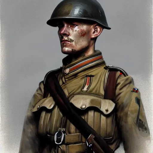Prompt: german empire ww 1 Sturmtruppen soldier looking forward portait drawn by greg rutkowski