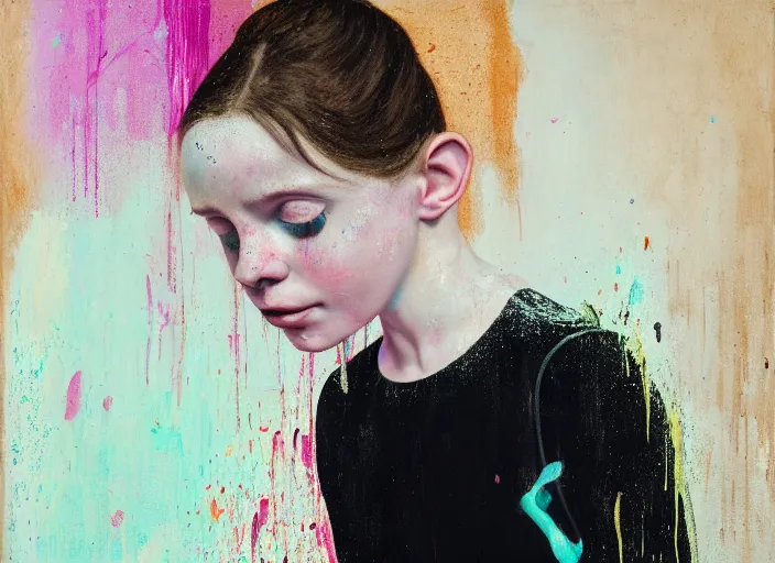 Image similar to portrait of nervous young girl ballerina sitting on the floor focusing in a dance hall by beeple and hernan bas and francis bacon and pat steir and hilma af klint, psychological, photorealistic, symmetrical face, dripping paint, washy brush, matte painting, rendered in octane, altermodern, masterpiece