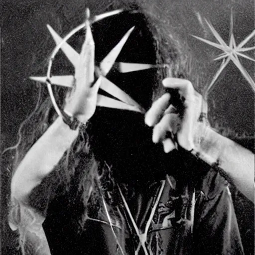 Prompt: a nu-metal musician using a pentagram to conjure the lord of metal music. Horror film production photo from the 1990s.