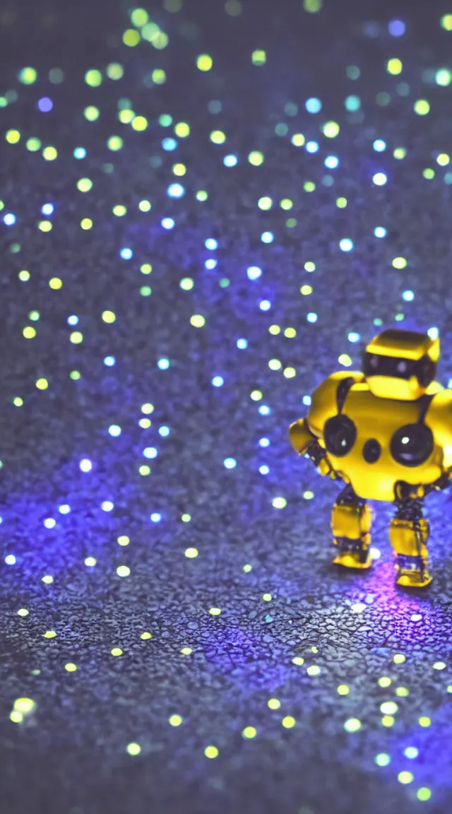 Prompt: tiny robot in the dark, hrd, hyperrealistic, hyper detailed, tiny, lights, bokeh, yellow, purple, blue,