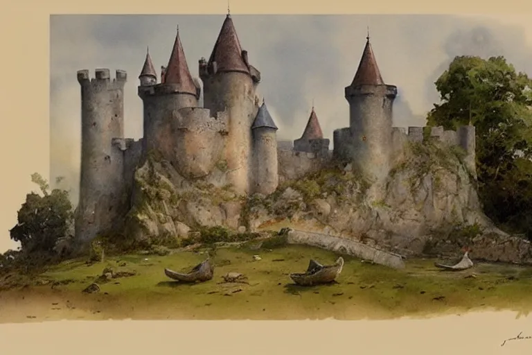 Prompt: 1950s castle muted colors. by Jean-Baptiste Monge, James Gurney