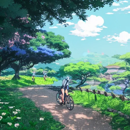 Image similar to anime girl riding bicycle in highly detailed japanese countryside, studio ghibli style, by hayao miyazaki, sharp focus, desaturated, highly detailed, 4k