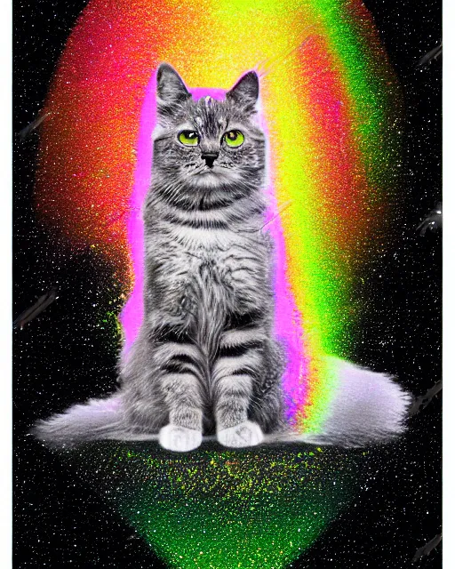 Prompt: highly detailed high resolution stacked plot of radio emissions from a pulsar, abstracted light refractions and stripy interference, making up a fluffy cat isolated on black, silk screen t-shirt design 4K