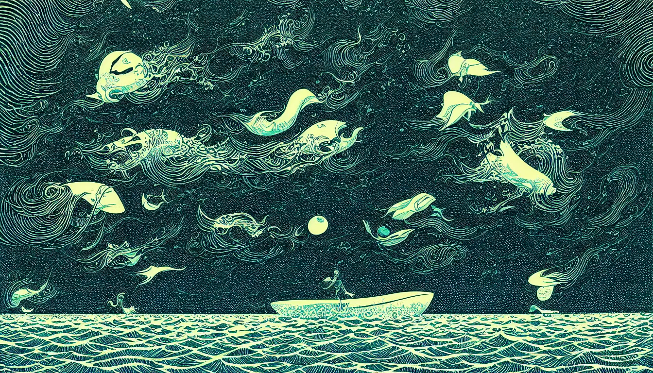 Prompt: swimming in the ocean at night by woodblock print, nicolas delort, moebius, victo ngai, josan gonzalez, kilian eng