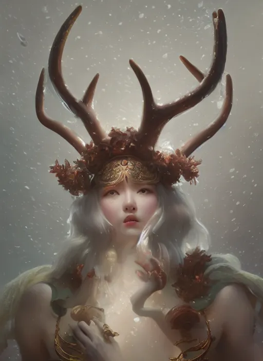 Image similar to Gigantic Deity with white antlers and translucent mushrooms, extremly detailed oil painting, in the style of Fenghua Zhong and Ruan Jia and Jeremy Lipking, rim light, beautiful lighting, mystic, 8k, stunning scene, raytracing, octane, trending on artstation