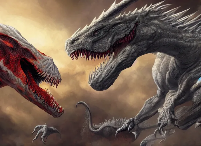 Prompt: a white dragon fighting a tyrannosaurus rex, intricately detailed, concept art