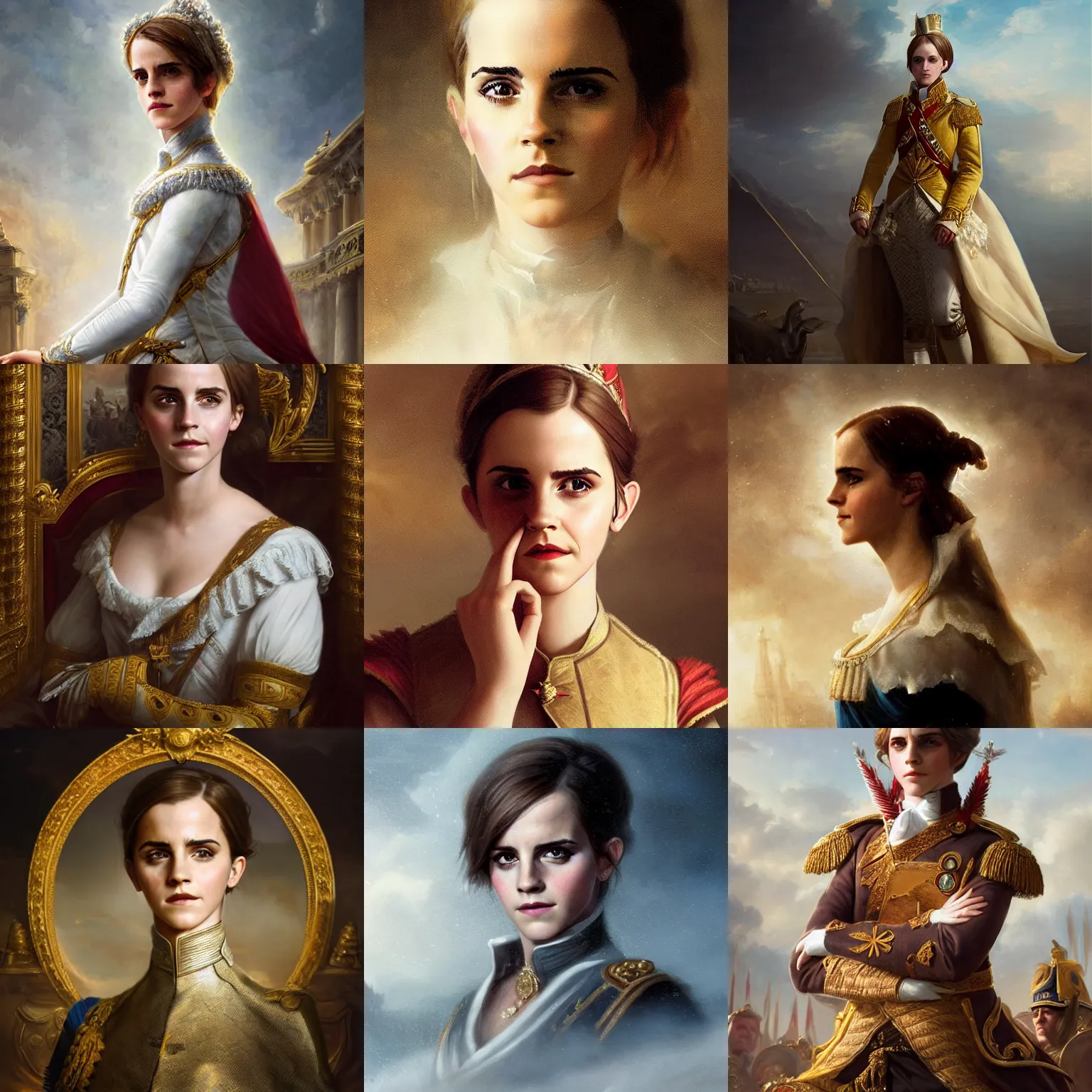 Prompt: Portrait of Emma Watson as emperor napoleon, amazing splashscreen artwork, splash art, head slightly tilted, natural light, elegant, intricate, fantasy, atmospheric lighting, cinematic, matte painting, by Greg rutkowski