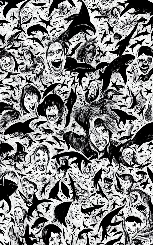 Image similar to Sharknado in the style of junji ito, manga, horror, spirals, faces, sharks, teeth