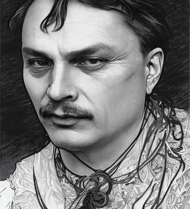 Image similar to detailed closeup portrait of viktor orban by alphonse mucha, ayami kojima, yoshitaka amano