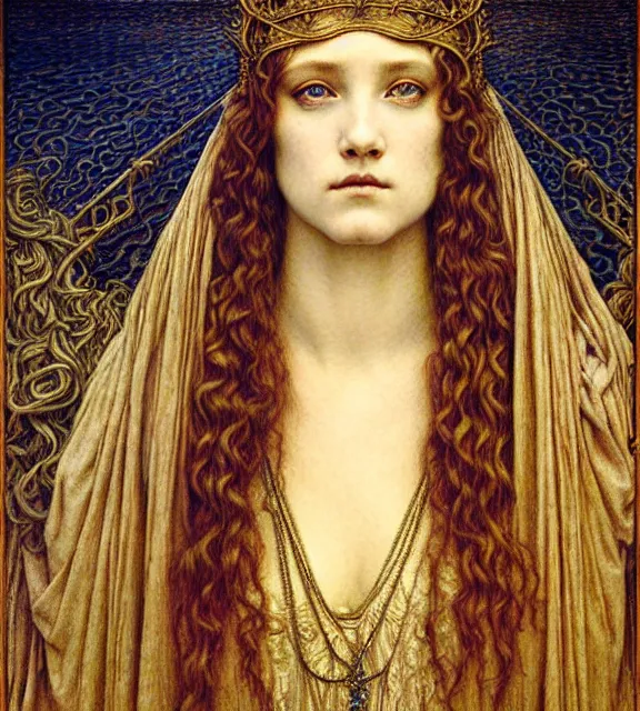 Image similar to detailed realistic beautiful young medieval queen face portrait by jean delville, gustave dore and marco mazzoni, art nouveau, symbolist, visionary, gothic, pre - raphaelite. horizontal symmetry