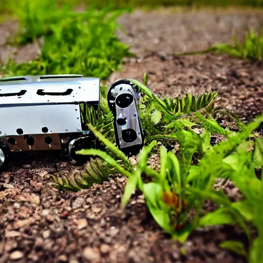 Image similar to A broken robot lays on the ground with plants growing over it, somber,HD, hyper realistic, intricate detail