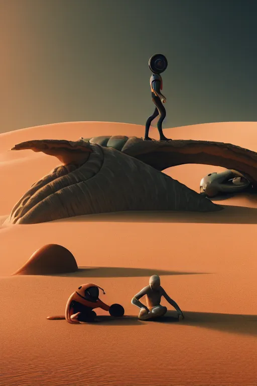 Image similar to 🐋🤖🦕👽🐳 in desert, photography by bussiere rutkowski andreas roch, octane render, 1 6 k