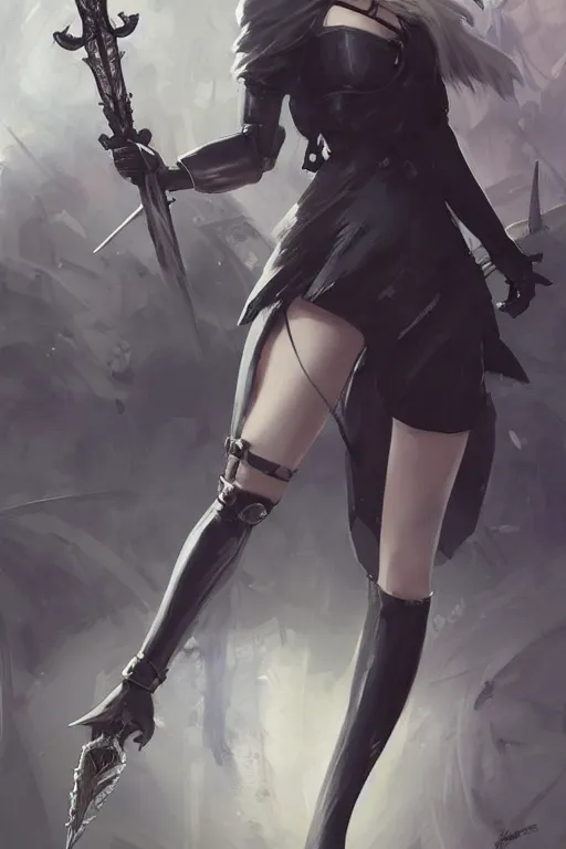 Image similar to 2 b nier automata holding a sword, d & d, fantasy, portrait, highly detailed, headshot, digital painting, trending on artstation, concept art, sharp focus, illustration, art by artgerm and greg rutkowski and magali villeneuve