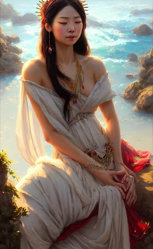 Image similar to a beautiful taiwan goddess with sundress with jewelry | | winter, realistic shaded, unpleasant face, good looking, fine details, realistic shaded lighting poster by greg rutkowski, magali villeneuve, artgerm, jeremy lipkin and michael garmash and rob rey